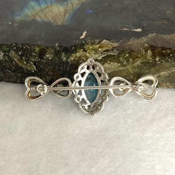 Sterling Silver 925 CJ Marquise Swiss Blue Topaz Cubic Zirconia Heart Bar Brooch - Picture 7 of 16